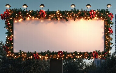 A rectangular Christmas-themed billboard decorated with red and green garlands and glowing fairy lights on a bright white background