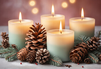  Pinecones and candles arranged as Christmas centerpiece