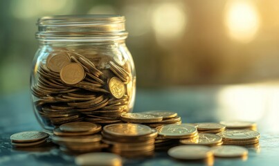 Glass jar filled with gold coins, savings.
