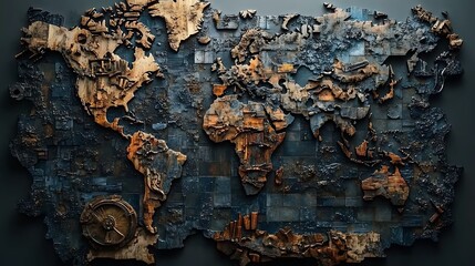 Fototapeta premium Puzzle pieces of diverse materials like wood, metal, and glass coming together to form a stunning world map, set against a soft glowing backdrop, intricate and photorealistic. --ar 16:9