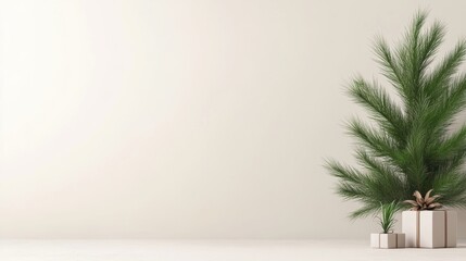 Fototapeta premium Bright and minimalistic, this image features a decorative plant beside elegantly wrapped gifts, Ideal for holiday promotions, home decor ideas, or lifestyle blogs to evoke a warm, festive atmosphere,