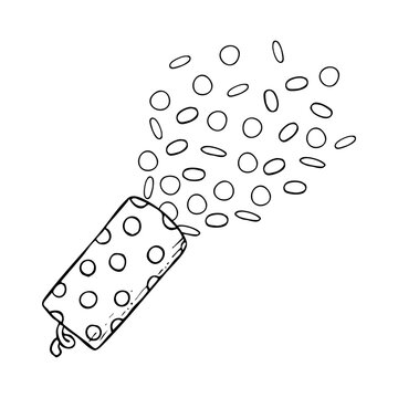 recommend clip art: Confetti clapper with polka dot black and white vector illustration. Party popper simple ink sketch for coloring. Holiday festive cracker drawing