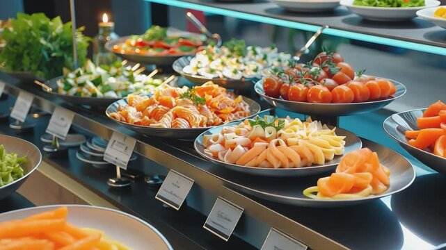 A tantalizing buffet display featuring fresh seafood, crisp salads, and vibrant garnishes.  The perfect backdrop for a luxurious and delectable culinary experience.  