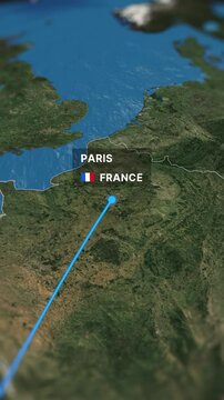 3D animated map illustrating a flight route from Marrakech to Paris. Perfect for travel videos, tourism promotions, and corporate presentations.