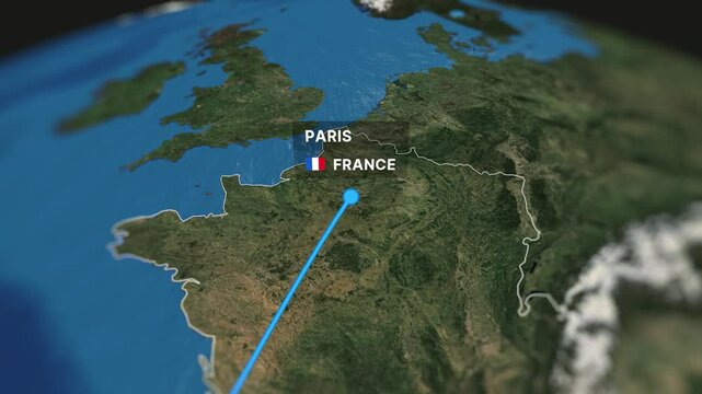 3D animated map illustrating a flight route from Marrakech to Paris. Perfect for travel videos, tourism promotions, and corporate presentations.