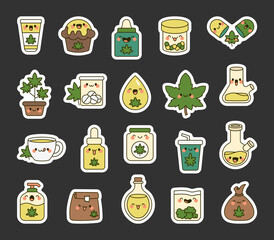 Cannabis products set with cute kawaii cartoon characters featuring various items including muffin, capsules, plant, tea, bong, oil, pouch for wellness and healthcare
