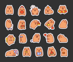 Set of square capybara cute kawaii cartoon characters with happy facial expressions, adorable actions, funny moments and adorable poses for unique and engaging designs