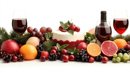 A lavish spread featuring a cream cake, assorted fresh fruits, and two glasses of red wine, surrounded by festive elements, Ideal for promoting seasonal celebrations or gourmet dining experiences,