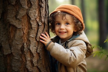 Smiling toddler embracing a tree trunk in a forest during autumn, enjoying the beauty of nature