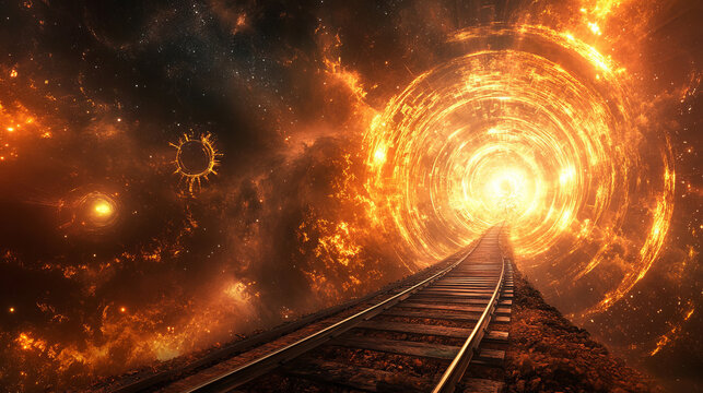 The train tracks leading into the fantastically glowing time tunnel symbolize fantastic time travel and parallel worlds
