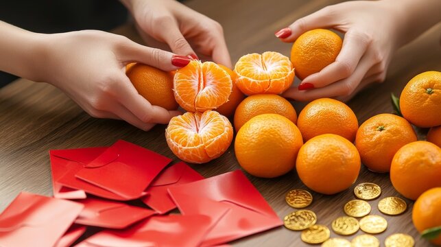 Chinese New Year Traditions Celebrating Family Gatherings, Hands preparing oranges among red envelopes and gold coins, symbolizing celebration and prosperity.