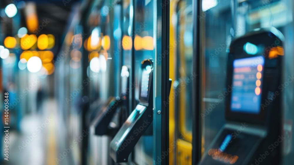 Poster modern ticket validation machines scanning passenger tickets in a subway station, ensuring efficient