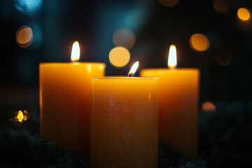 Three glowing candles create a cozy and serene atmosphere.
