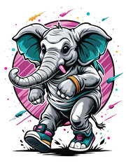 Create a kawaii illustration of a breakdancing elephant in vibrant 80s style clothing, neon colors, and dynamic poses.
