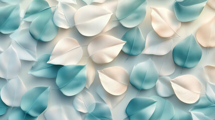 A seamless pattern of spring leaves with 3D textures and volumetric shadows on a pastel background