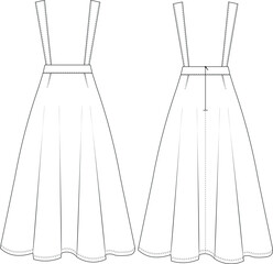 tailored darted strappy strapped fit and flared long maxi midi a line salopet skirt template technical drawing flat sketch cad mockup fashion woman design style model 
