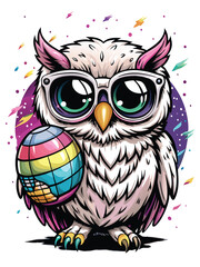 A cute, cartoonish owl wearing stylish sunglasses, happily holding a glittering disco ball.  The owl should have large, expressive eyes.