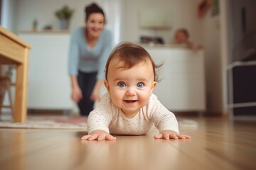 Smiling baby girl crawling on the floor while her mother is playing with her at home
