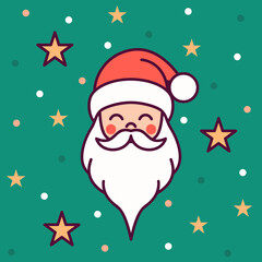 Minimalistyczna kartka świąteczna. Głowa Świętego Mikołaja i gwiazdki. Prosta ilustracja wektorowa. © Monika