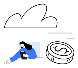 Cloud drawing, business person using tablet, coin with dollar sign. Ideal for financial planning, cloud computing, digital transactions, business analysis, technology integration, remote work