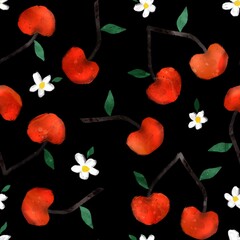 Abstract Hand Drawing Digital Painting Watercolor Cherry Fruits and Ditsy Flowers Seamless Pattern Isolated Background