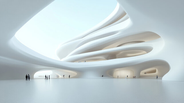 A stunning modern architectural interior featuring smooth, flowing lines and bright, airy atmosphere. design emphasizes open spaces and innovative forms, creating sense of wonder and tranquility