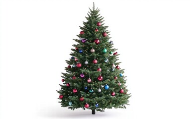 Decorated christmas tree with ornaments and lights, bright white background for festive holiday designs