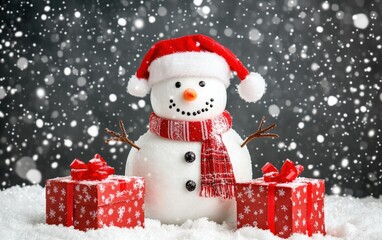 Merry Christmas winter holiday christmas background banner - Closeup of cute funny snowman with santa claus hat and scarf and red gift boxes, on snowy snow snowscape with snowflakes