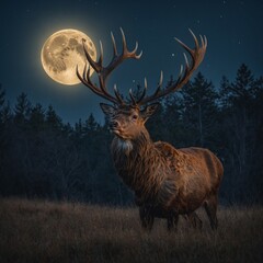 A majestic stag with antlers glowing under the full moon.

