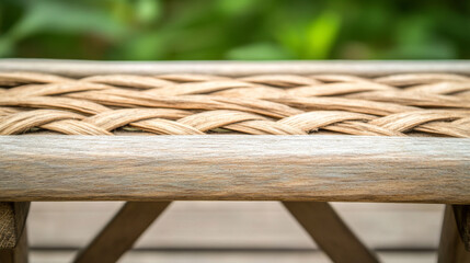 Natural woven texture of wooden bench with intricate braiding, showcasing craftsmanship and design. Perfect for outdoor settings and adding rustic charm
