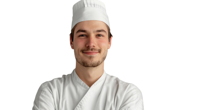 Culinary expert in a crisp white uniform smiles confidently against a vibrant blue backdrop