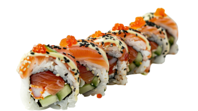 Delightful sushi rolls arranged artfully on a vibrant blue background showcasing fresh ingredients and elegant presentation