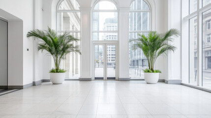 Fototapeta premium A bright and spacious lobby featuring large windows, modern architecture, and lush green plants in white pots, creating welcoming atmosphere