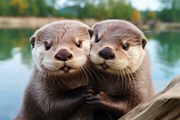 Two playful river otters embrace affectionately near a tranquil body of water, showcasing their charming bond