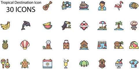 Set of Tropical Destination icons. Line art style icons bundle. vector illustration © Galib Hasan