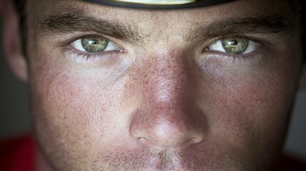 Fototapeta premium Intense Close up Portrait of a Man Racing Driver Helmet Green Eyes Cinematic Lighting