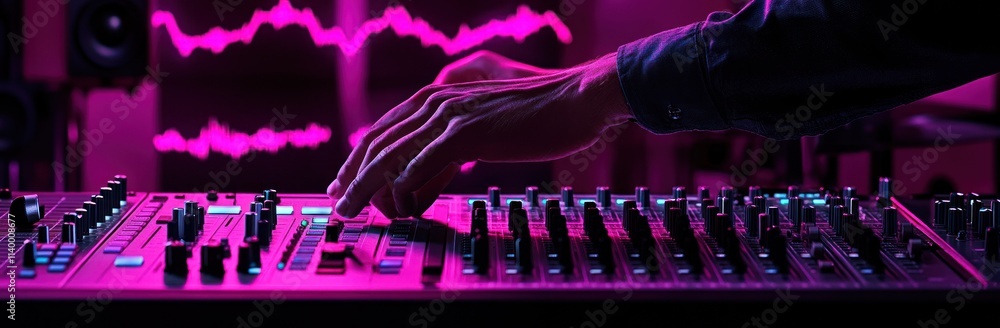 Poster a close-up of a hand adjusting knobs on a music mixer with vibrant pink soundwave visuals.