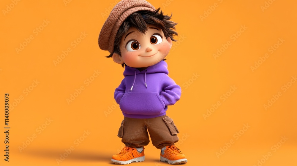 Aufkleber a cheerful animated character in casual attire and a hat, posing against an orange background.