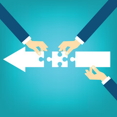 Teamwork working together to success, cooperation or team building collaborate to solve problem, partnership, help and support, business people colleagues help work together to connect jigsaw puzzle.