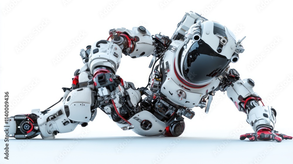 Poster a futuristic robotic astronaut in a crawling position on a plain background.