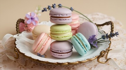 Fototapeta premium French macarons in assorted pastel colors, neatly stacked on a white tray with floral background and soft lighting