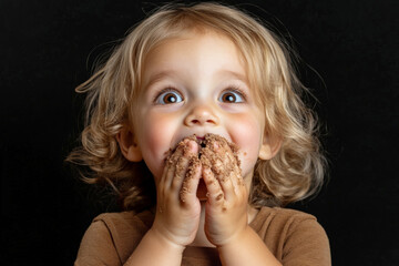 Toddler enjoying chocolate cake crumbs on black background