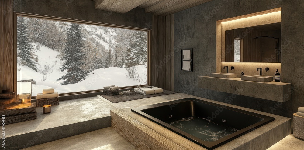Poster modern bathroom with a view of snowy landscape and a relaxing atmosphere.