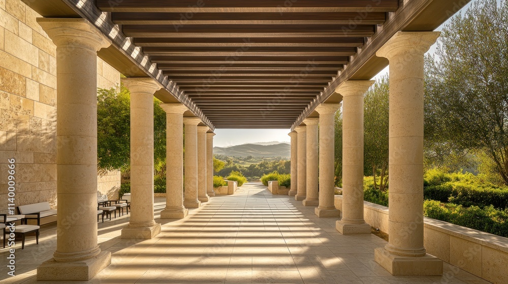 Poster a serene walkway lined with columns, leading to lush greenery and distant hills.