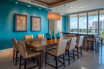 Fototapeta premium Modern teal dining room with ocean view