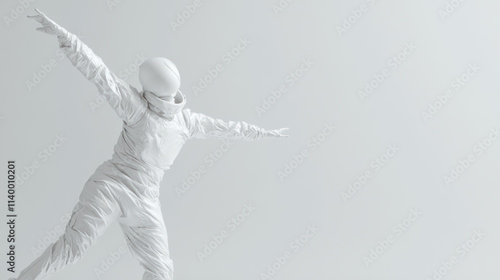 Aufkleber a figure in a white suit poses dynamically against a minimalistic background.