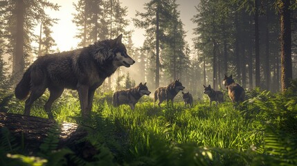 Majestic wolf pack in a sun-drenched forest clearing.  A captivating scene of wildlife in their natural habitat.