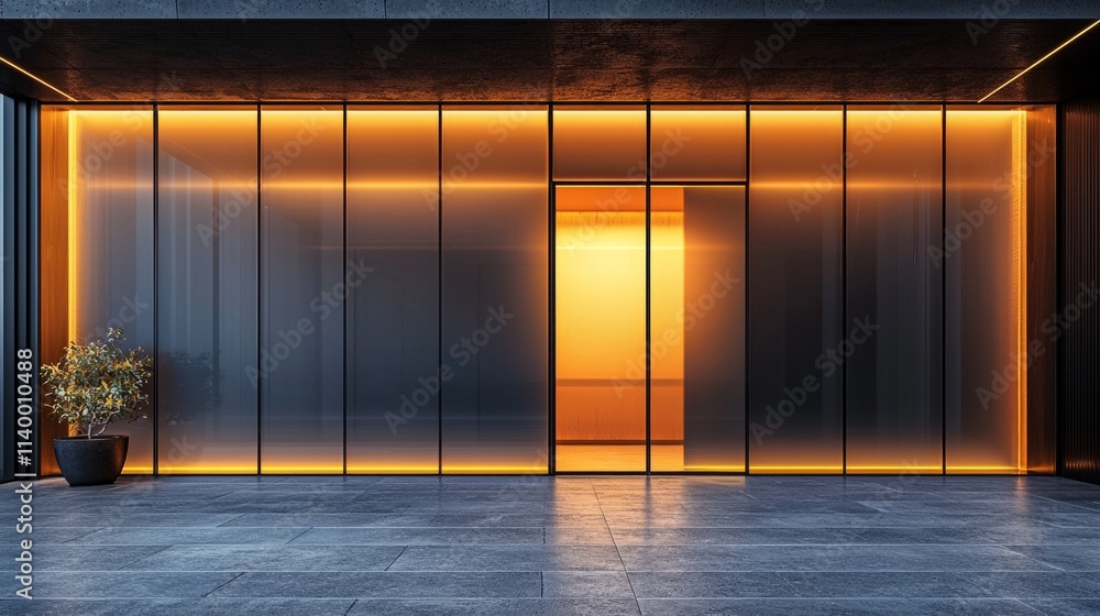 Poster A building with a large window and a door