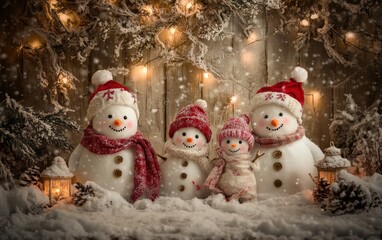 Holiday warmth - Family of snowmen with festive hats and scarves in a magical snow-covered scene