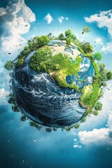 Fototapeta premium Lush green planet, blue oceans, fluffy clouds.